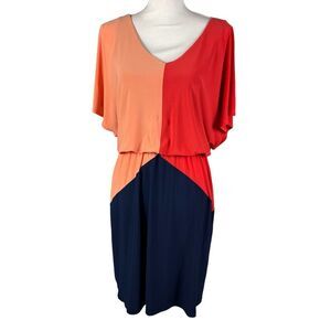 NWT JBS Colorblock Dress Size 10 Coral Blue Retro Style Stretch Flowy Sleeves